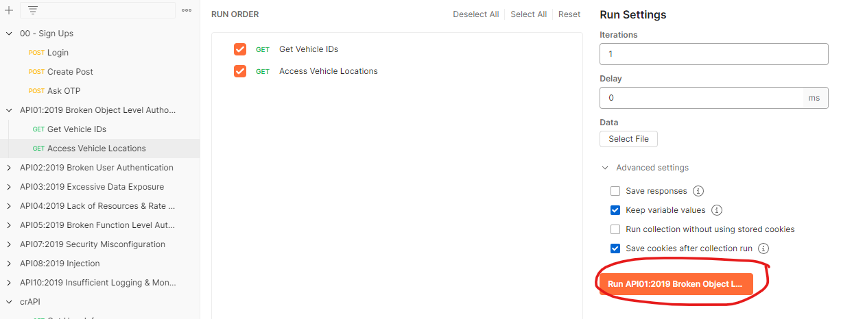 Screenshot of postman showing run collection button